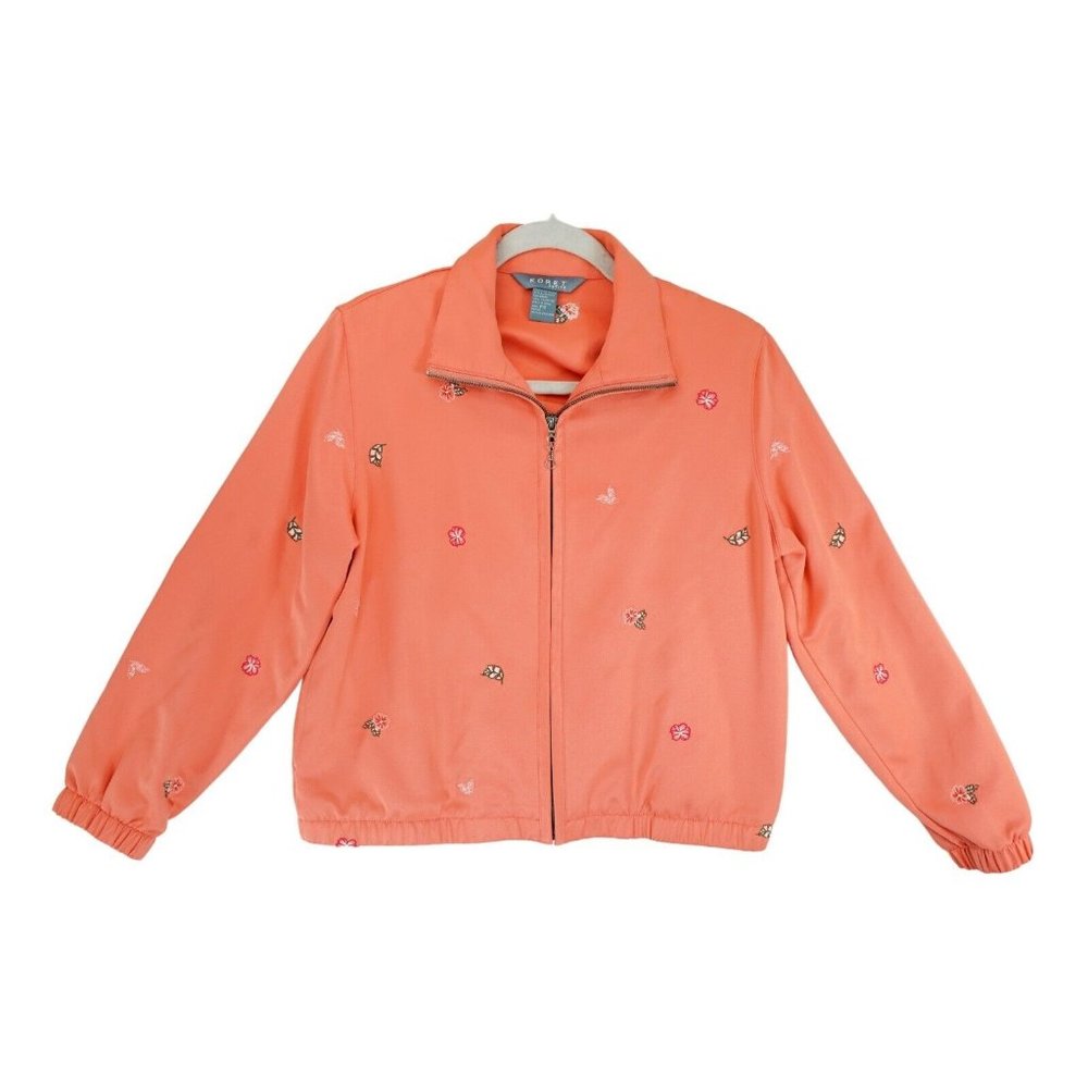 Koret Women's Jacket Floral Embroidered Full Zip Size PS Petites Orange